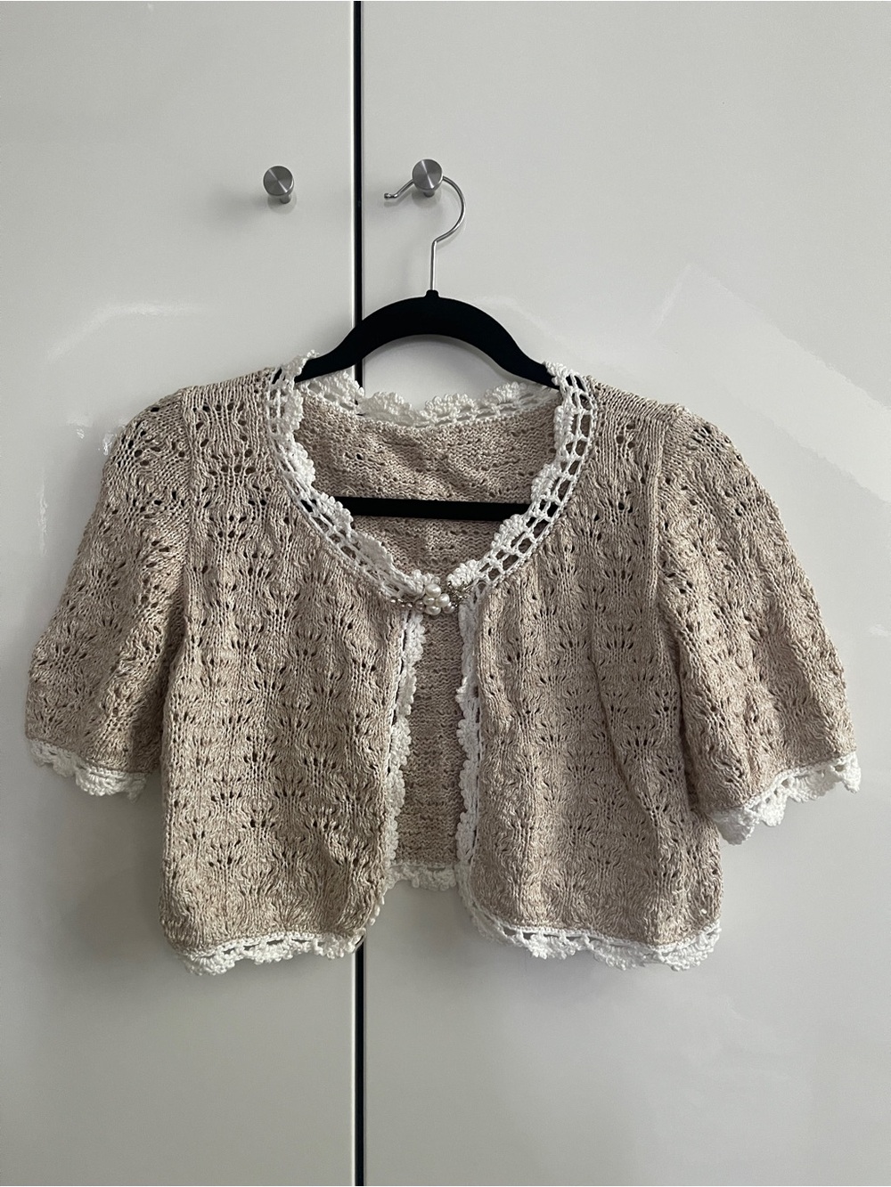 Handmade Crochet Cropped Cotton Tan White Trim Sweater Cardigan Bolero XS Petite